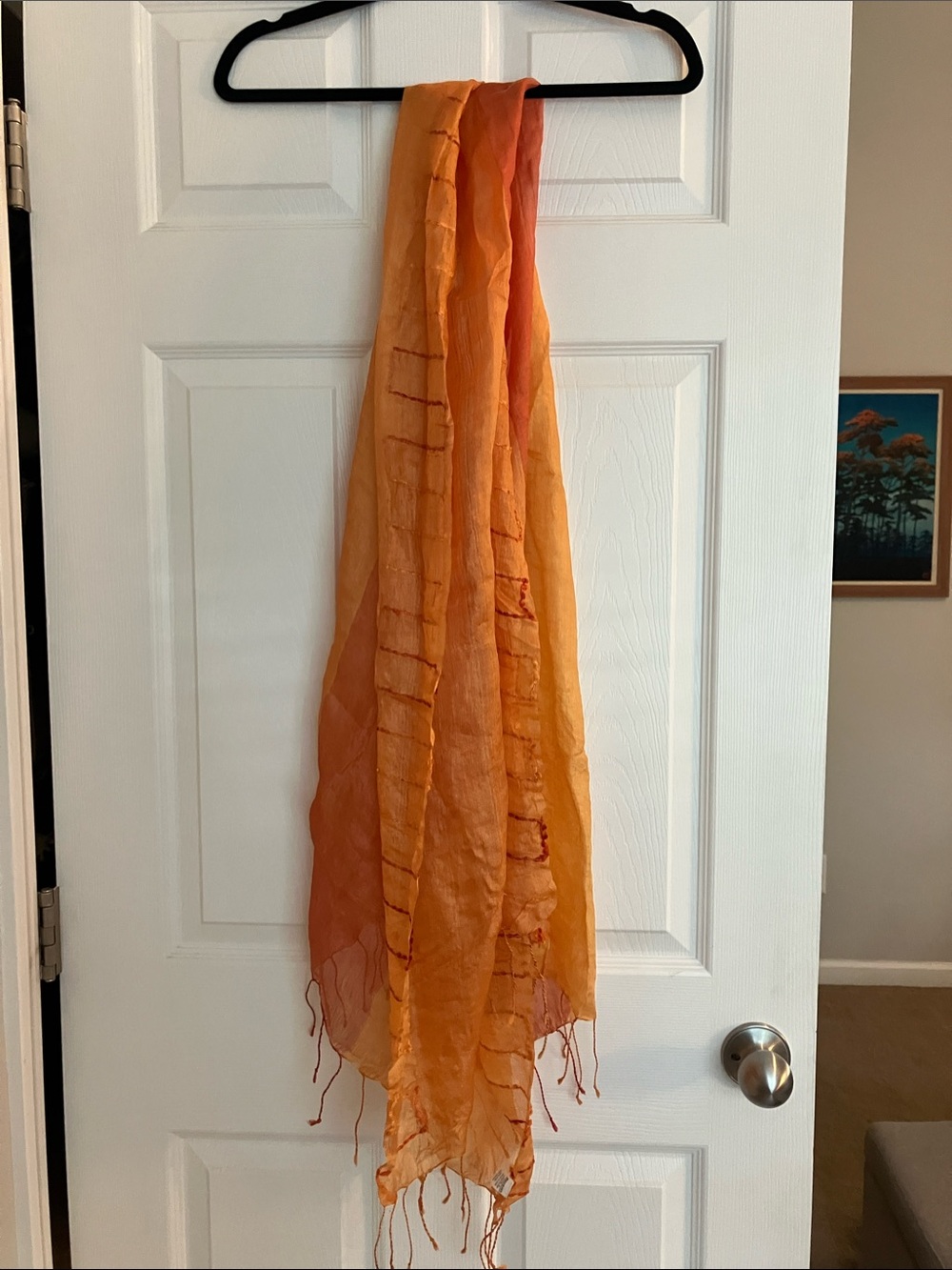 Cost Plus World Market Orange Ombre Lightweight Indian Silk Scarf with Fringe